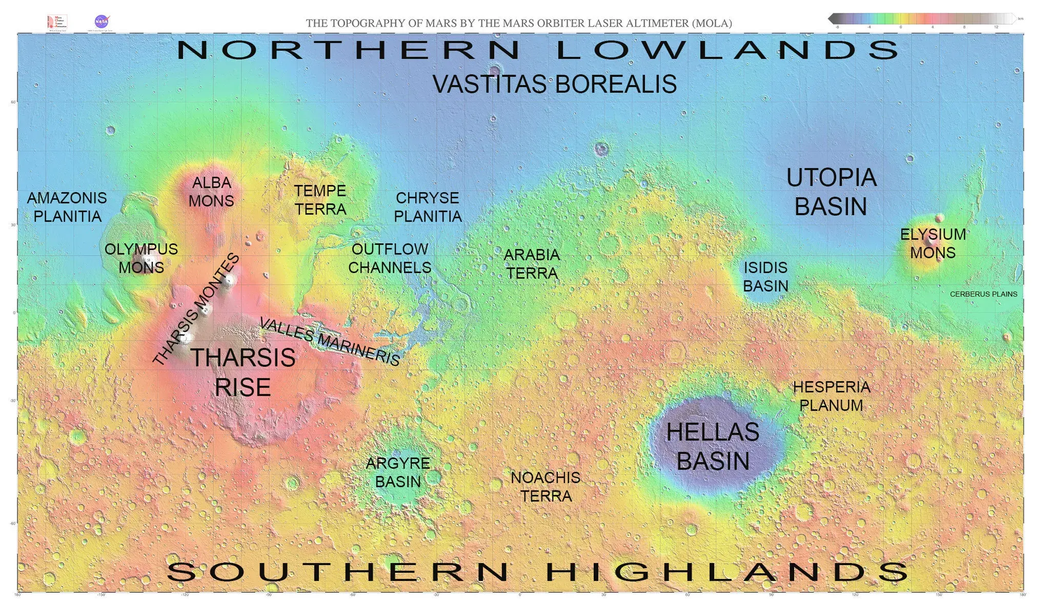 Map Showing the Major Locations of Mars